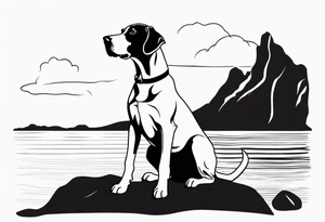 Arm sleeve with Great Dane (Full Tuxedo Color and floppy ears) standing proudly chest up on a rock in front of a body of water tattoo idea