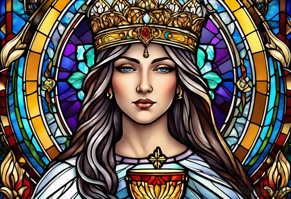 holy saint woman with halo stained glass holding a chalice with artillery tattoo idea