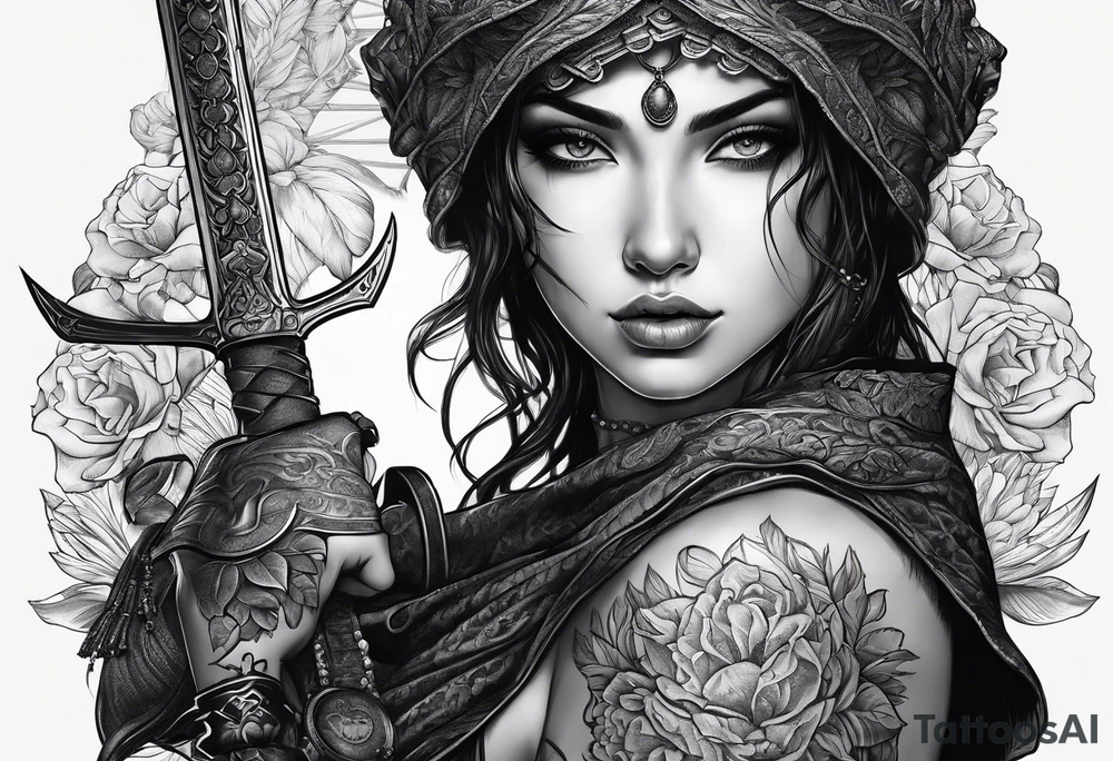 Bind Girl with cover on her eyes with a sword in her hand and in the other hand holds a scale tattoo idea