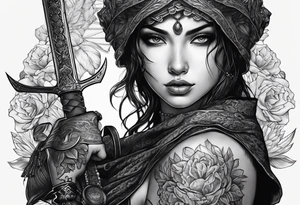 Bind Girl with cover on her eyes with a sword in her hand and in the other hand holds a scale tattoo idea