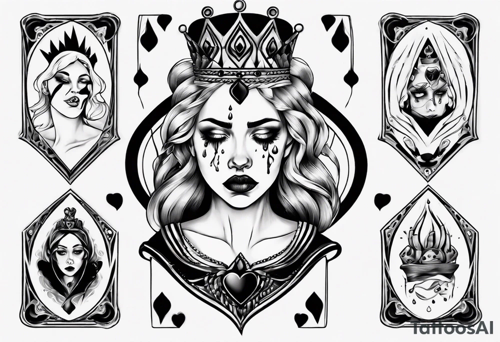 queen of hearts crying black tears, with blank eyes tattoo idea