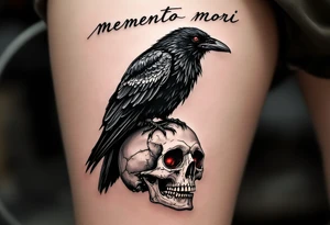 A dark gray raven perched on a human skull with deep red eyes, "memento mori" in handwritten blackletter across the top. tattoo idea
