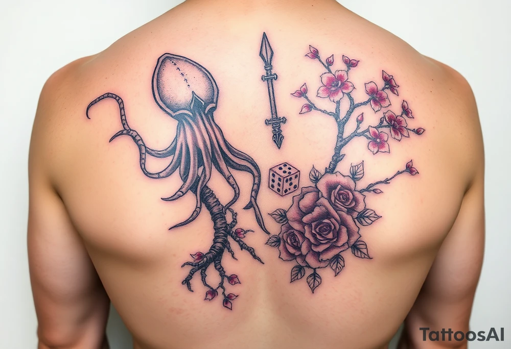 squid and knight combined with tree roots, cherry blossoms and roses rolling dice tattoo idea