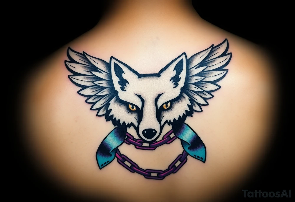 Fox company racing fox logo 
The original
Wrapped in angel wings
Add a teal and purple ribbon with a breaking chain more realistic tattoo idea