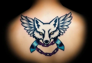 Fox company racing fox logo 
The original
Wrapped in angel wings
Add a teal and purple ribbon with a breaking chain more realistic tattoo idea