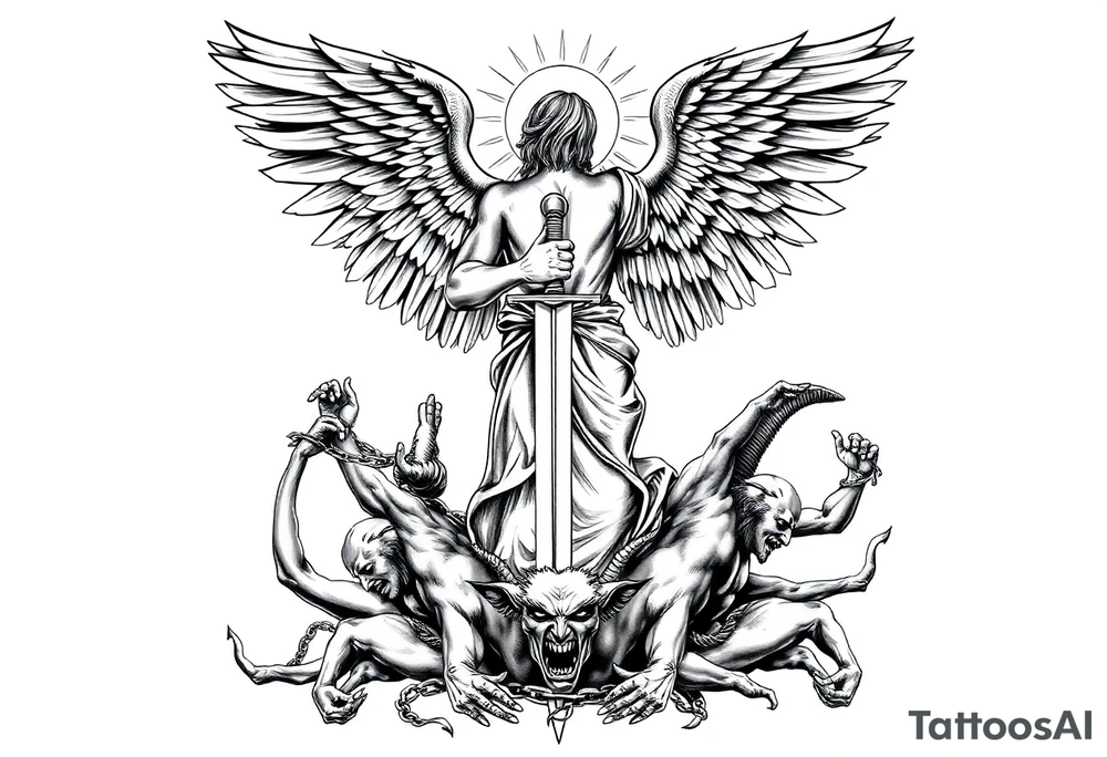 The tattoo is a black and gray, highly detailed, full-back design in a classical artistic style, depicting a powerful Archangel Michael as the central figure. He stands in a dominant stance, wielding a long, intricately designed sword, symbolizing divine justice. His large, majestic wings extend outward, detailed with fine feather textures, creating a sense of movement and grandeur. A radiant halo or divine light emanates from behind his head, reinforcing his celestial presence.

Below Archangel Michael, defeated demons writhe in agony, their faces twisted in expressions of despair as they are cast down. Their muscular, contorted bodies contrast with the angel’s calm, commanding presence. Some demons may have broken chains around them, symbolizing their fall from grace.

To the left of Archangel Michael, Jesus Christ is depicted wearing a crown of thorns, his face solemn and contemplative, representing sacrifice and redemption. His hair flows naturally, and his eyes may be gazing downward with an expression of divine wisdom and sorrow. His placement aligns with Christian iconography, adding to the religious depth of the tattoo.

On the right side, a sorrowful Virgin Mary is depicted with a serene yet deeply emotional expression. She is draped in flowing robes, her hands clasped in prayer or gently outstretched. Her presence balances the composition, representing mercy, compassion, and divine grace.

The background features dramatic, swirling clouds, rays of light, and subtle celestial elements to enhance the spiritual and dramatic atmosphere. The shading technique uses deep contrasts and smooth gradients to create depth, making the figures appear almost sculptural. Every detail, from the folds of the robes to the individual feathers of Michael’s wings, is meticulously rendered for a realistic and timeless aesthetic. tattoo idea