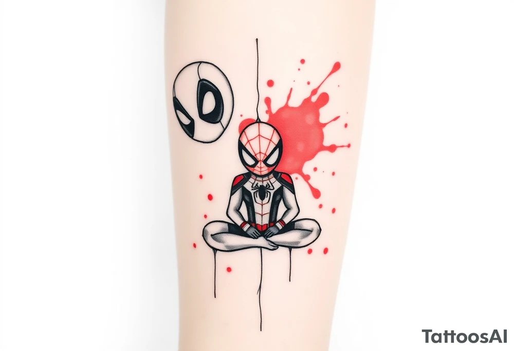 A vertical stacked tattoo design for a half-sleeve on a white background. At the top is a chibi Deadpool character in a bold ink sketch style. At the bottom is a chibi Spider-Man character sitting cross-legged in a loose pencil sketchbook style. High contrast black and grey shading. The two characters are connected by loose, energetic sketch lines and a thin spiderweb thread hanging between them. Dramatic, stylized splashes of bright, vibrant watercolor red ink splatter bursting out around both characters' suits, bleeding into the negative space. Tattoo flash sheet style, crisp linework. tattoo idea