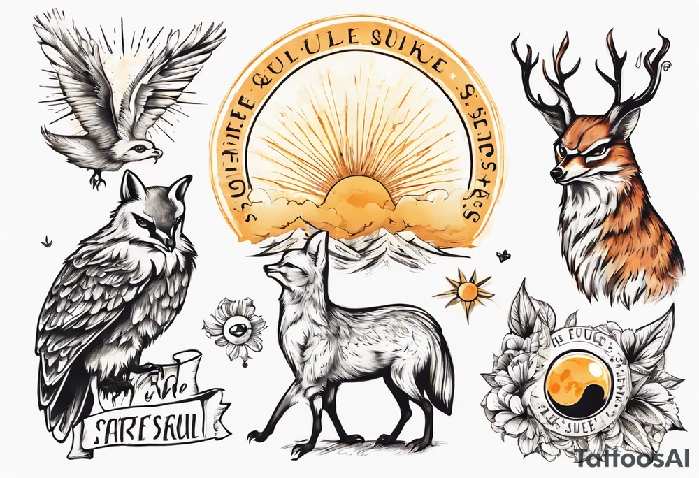 Fuchs und Eule unter der Sonne mit dem Schriftzug Sapere Aude tattoo idea
