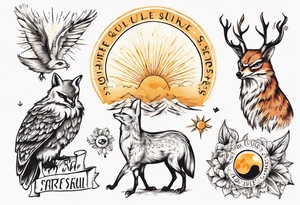 Fuchs und Eule unter der Sonne mit dem Schriftzug Sapere Aude tattoo idea