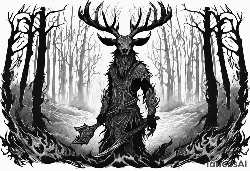 A spooky dead lore accurate wendigo surrounded by a forest fire in background tattoo idea