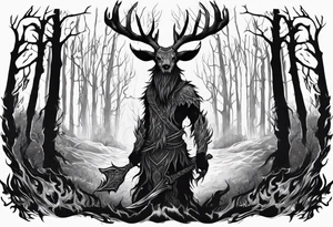 A spooky dead lore accurate wendigo surrounded by a forest fire in background tattoo idea