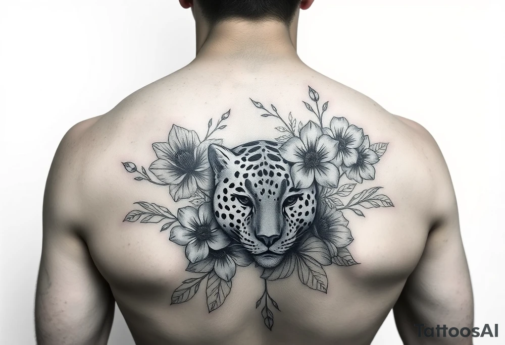 Arm sleeve with a variety of flowers and leopard filler tattoo idea