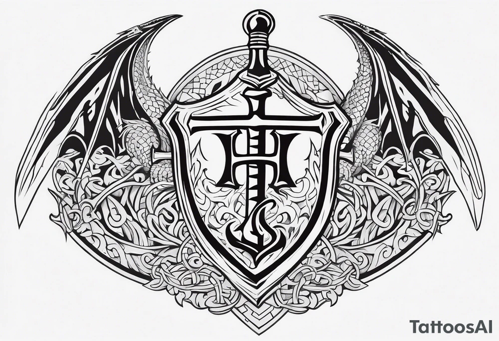 Valhalla sword shield dragon axe viking church tattoo idea