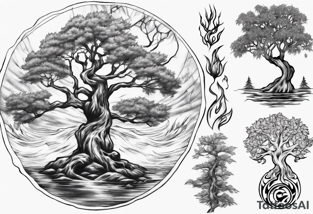 Water and oka tree with Baird on the tree tattoo idea