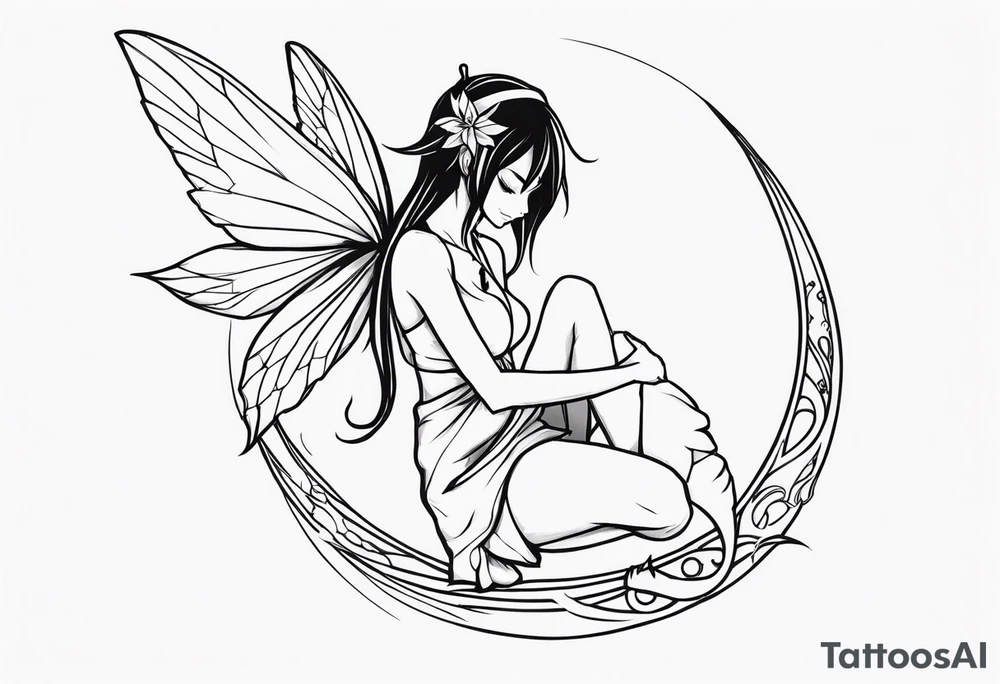 No color sketch of a fairy with a tail inspired by the guild symbol in the anime show called Fairy Tail in a fetal position leaning in and forward while crawled in tattoo idea