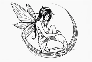 No color sketch of a fairy with a tail inspired by the guild symbol in the anime show called Fairy Tail in a fetal position leaning in and forward while crawled in tattoo idea