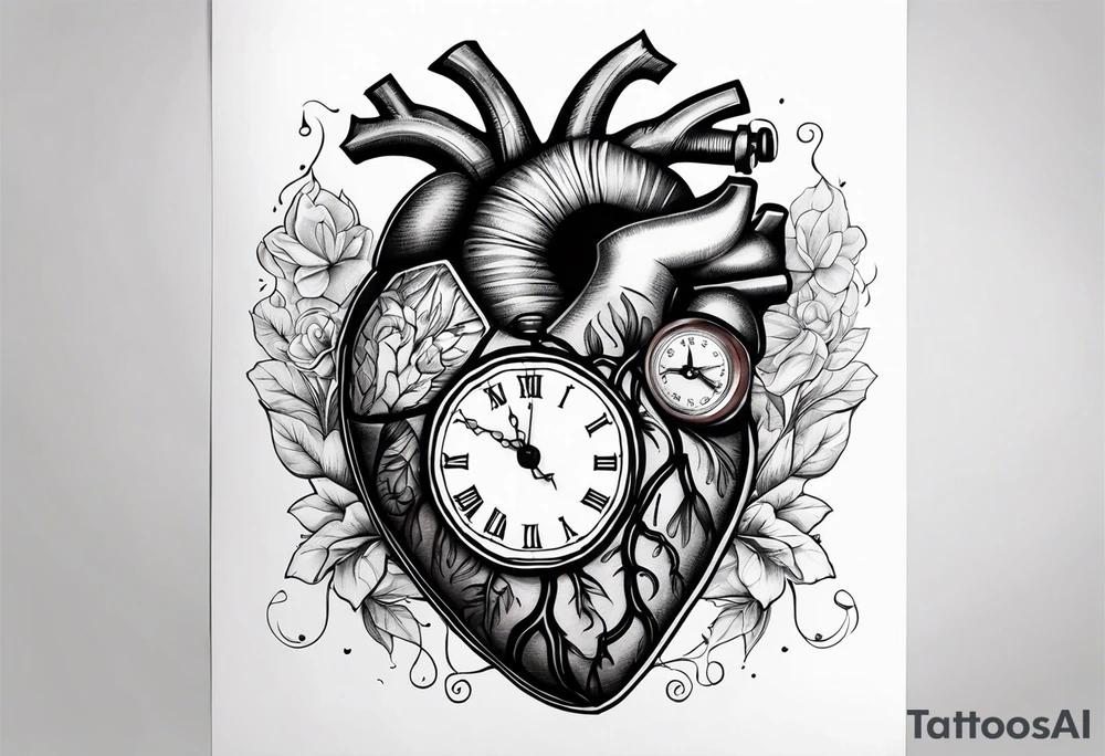 Anatomical heart with clock tattoo idea