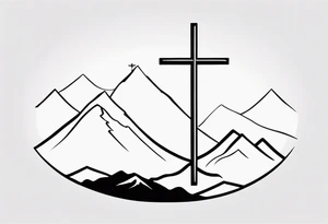 Sideways thin cross with Mountains and the word "Cala" that is simple and small tattoo idea