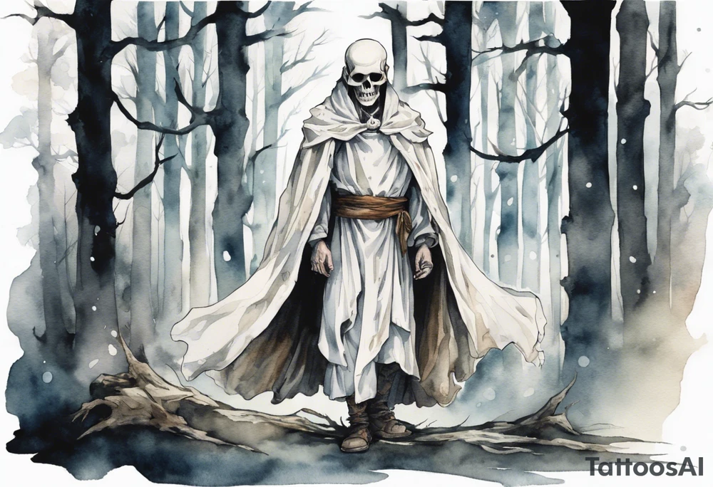 a medieval man in a white cloak wearing skull for a mask standing alone in a gloomy barren forest tattoo idea