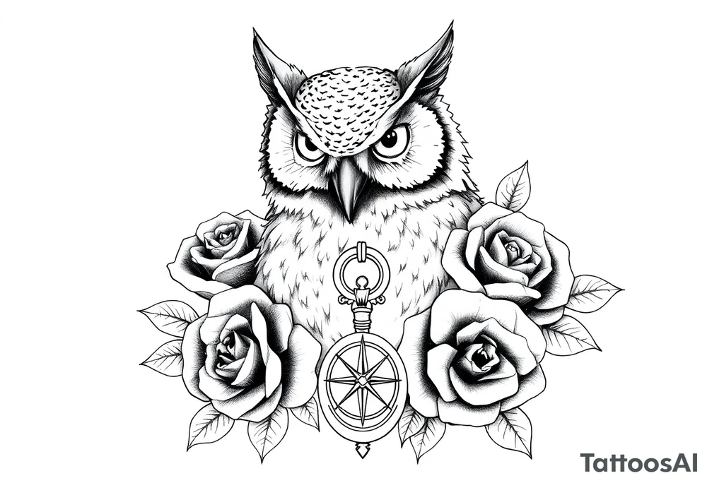 an owl,roses,compass,key. tattoo idea