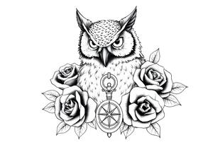 an owl,roses,compass,key. tattoo idea