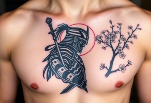 noble warrior silhouette at sunset with cherry blossoms tattoo idea