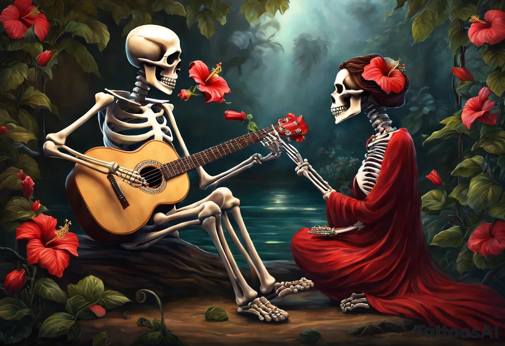 a female skeleton holding a hibiscus flower and a male skeleton playing a guitar. The scene should capture a moment of connection between the two, with the female skeleton attentively listening to the music played by the male skeleton. Emphasize the details of the hibiscus flower,  and the fluidity of the music being played on the guitar. tattoo idea