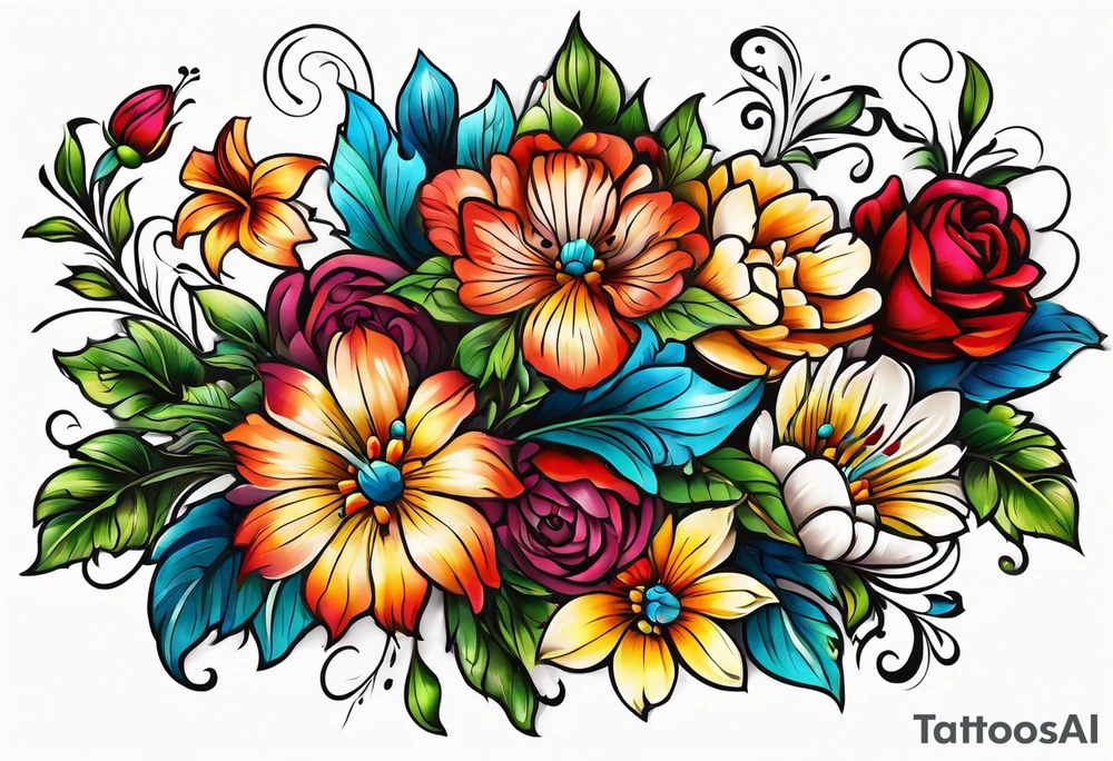 vintage colorful floral print tattoo idea
