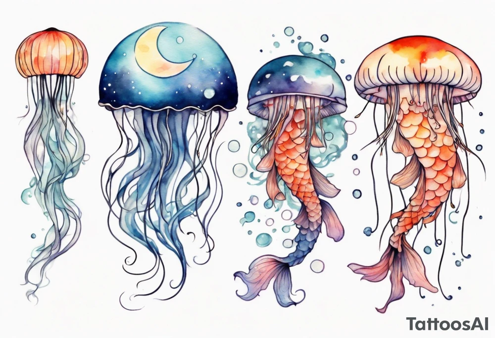 1 jellyfish with the moon in the lid. Then with mini koi carp and jellyfish swimming amongst the tentacles tattoo idea