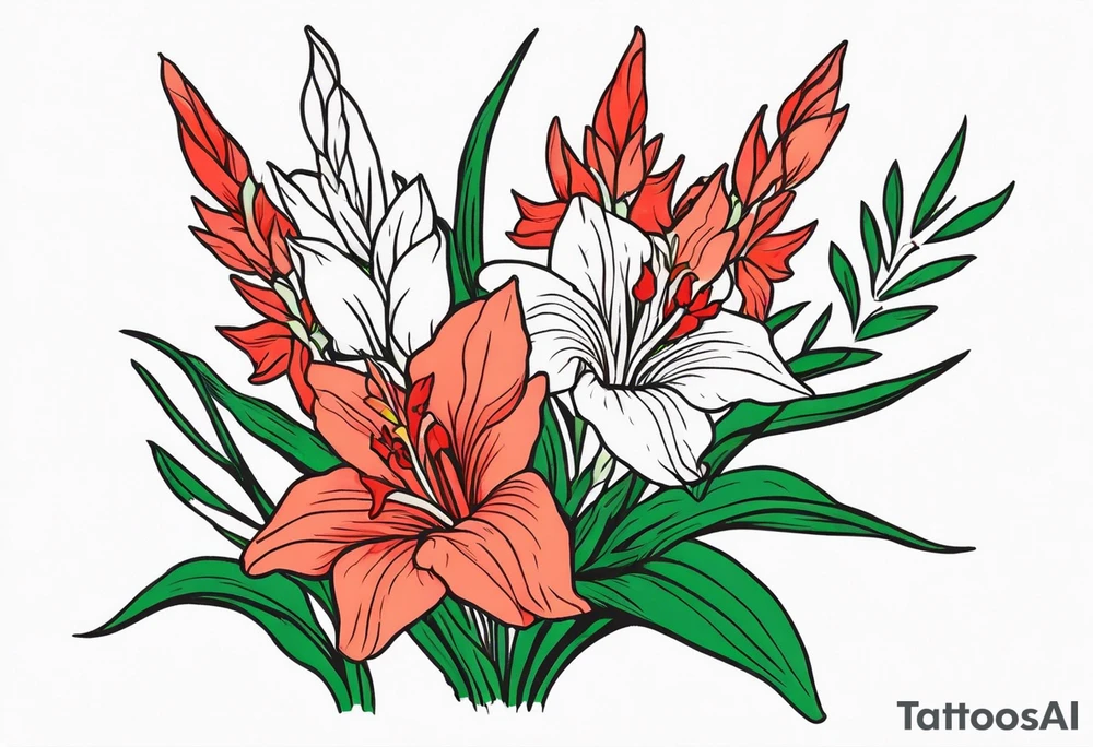 a thin narrow gladiolus with green leaves and coral-colored flowers with red centers tattoo idea
