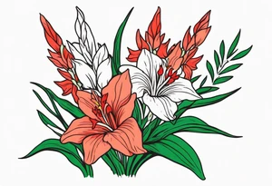 a thin narrow gladiolus with green leaves and coral-colored flowers with red centers tattoo idea