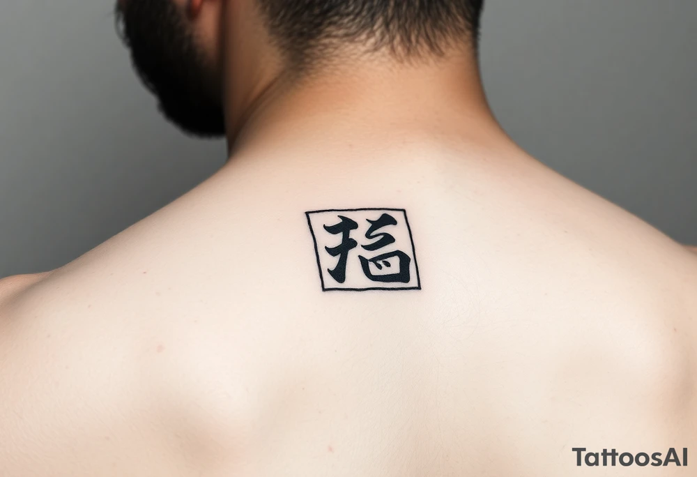 Black rectangle tattoo (like phone screen) with single Kanji '悟' (enlightenment) inside. Matte effect, no shine. 5x3cm, inner arm placement. tattoo idea