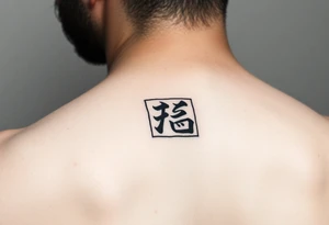 Black rectangle tattoo (like phone screen) with single Kanji '悟' (enlightenment) inside. Matte effect, no shine. 5x3cm, inner arm placement. tattoo idea