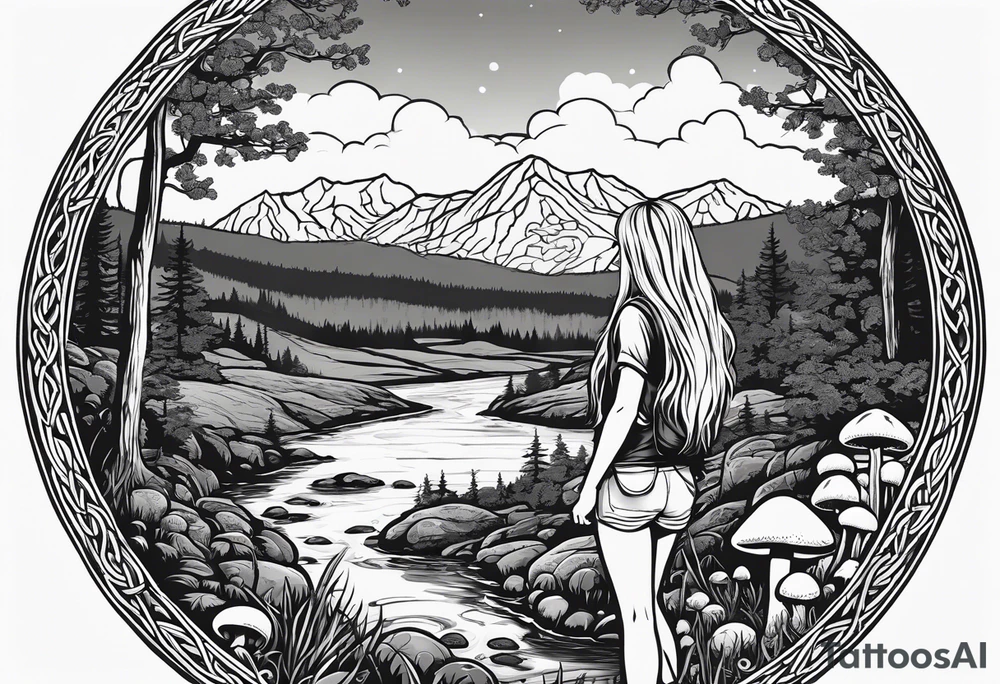 Whole picture encircled fully

Straight long blonde hair hippie girl in distance holding mushrooms in hand facing away toward mountains and creek surrounded by mushrooms long sleeve shirt and hiking pants; whole rendering within a full celtic circle, no cut off circle tattoo idea