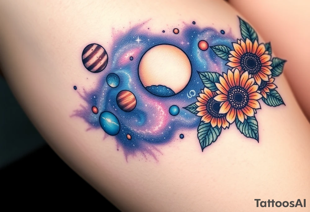 Milky way galaxy with planets with zodiac symbols and protection runes in it with tigerlillies roses and sunflowers tattoo idea
