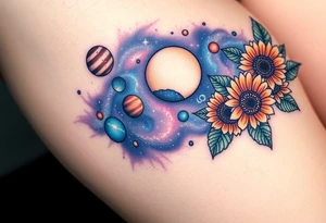 Milky way galaxy with planets with zodiac symbols and protection runes in it with tigerlillies roses and sunflowers tattoo idea