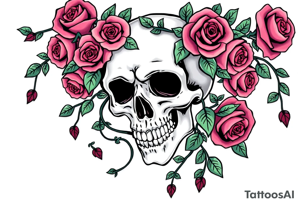 gothic skull intertwined with climbing roses and thorny vines tattoo idea