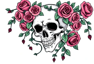 gothic skull intertwined with climbing roses and thorny vines tattoo idea