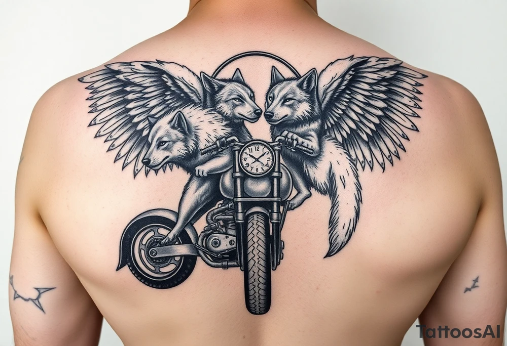 guardian angel wolves on a motorcycle tattoo idea
