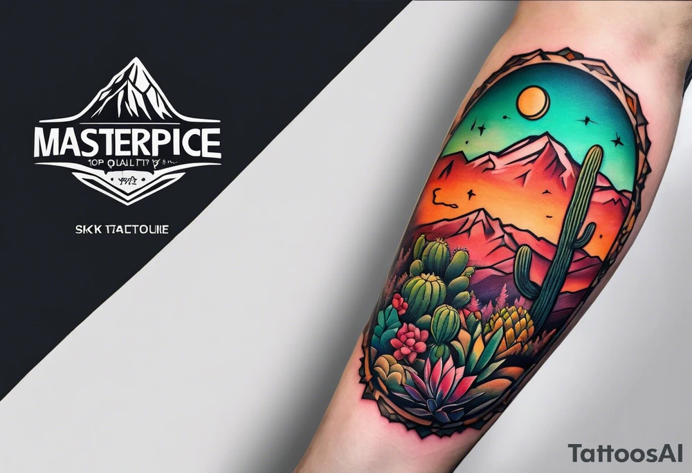 Forearm with mountain, cactus, and hikers tattoo idea