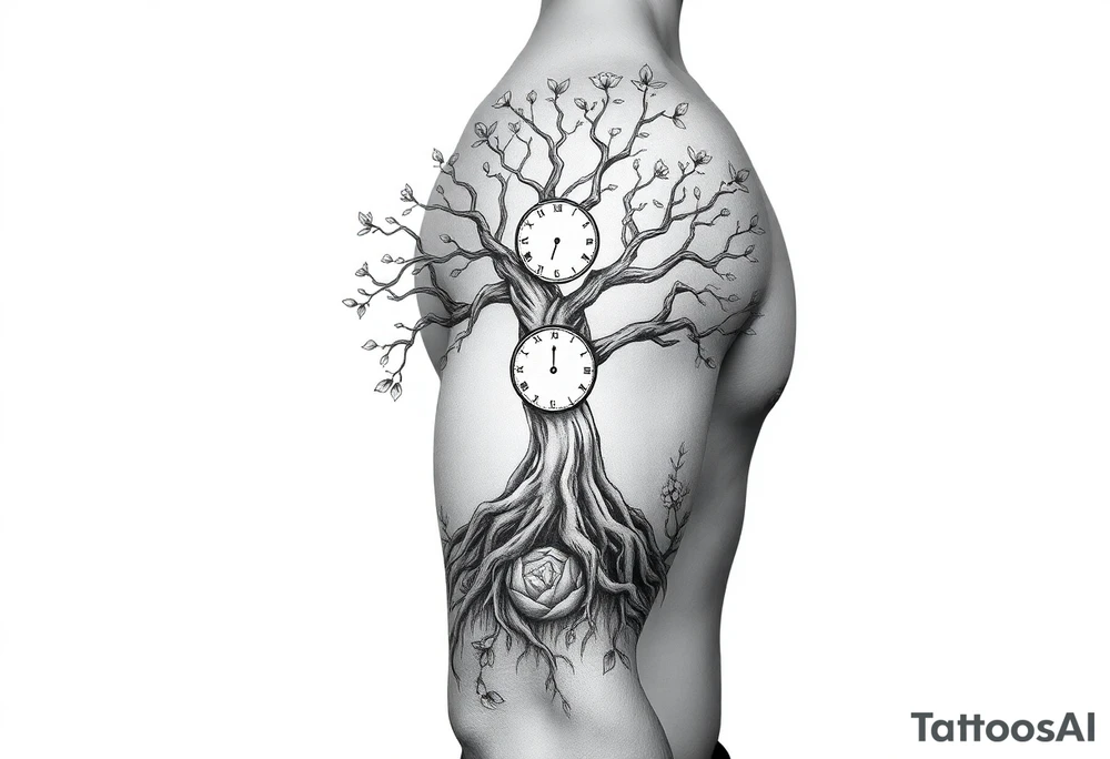 tree of life with cosmic roots and celestial branches, clock, flowers, tattoo idea
