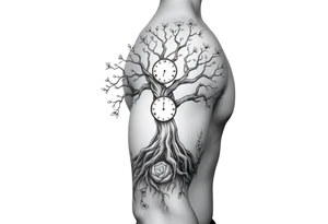 tree of life with cosmic roots and celestial branches, clock, flowers, tattoo idea