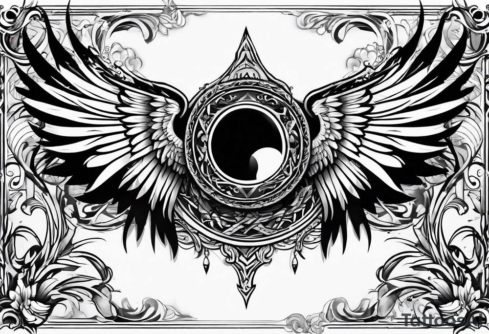 the word Glenn on a banner and angel wings tattoo idea