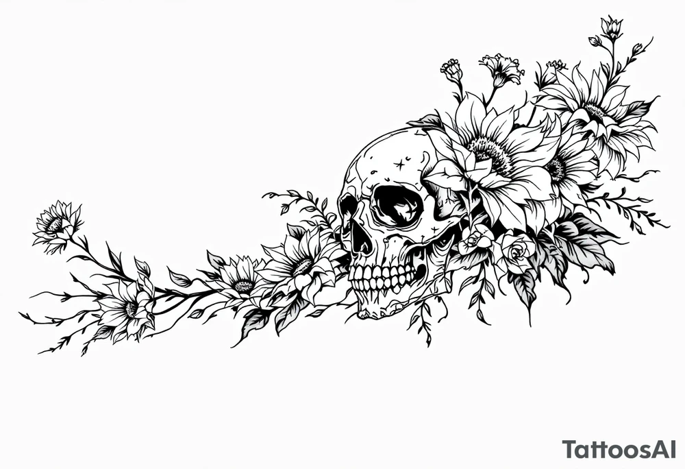 ornate skull adorned with wild roses and sunflowers tattoo idea