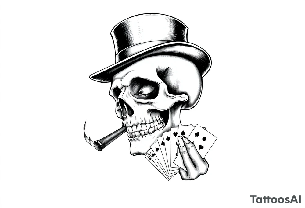 a skull with mustache,top-hat, cigar in his mouth and playing cards in a hand. tattoo idea