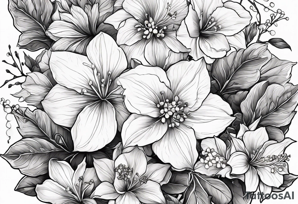 Hydrangea, Narcissus, Poinsettia, Holly, Gladiolus, Poppy, Daisy, Sweet Pea floral tattoo idea