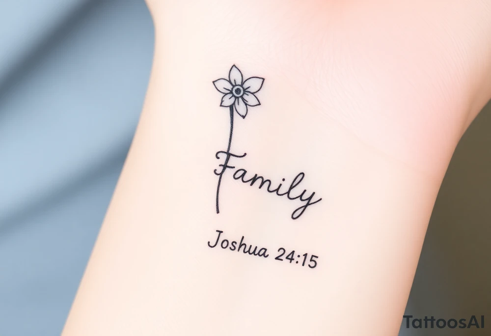 Narcissus flower at the top, drawn in single-needle fine line

Slim stem flowing naturally downward

Stem softens and transitions into “Family” in gentle cursive

“Joshua 24:15” sits underneath in tiny, clean lettering

Vertical flow = elegant, feminine, and perfectly suited to the inner wrist

Overall height: ~5–7 cm (subtle, timeless, not heavy) tattoo idea
