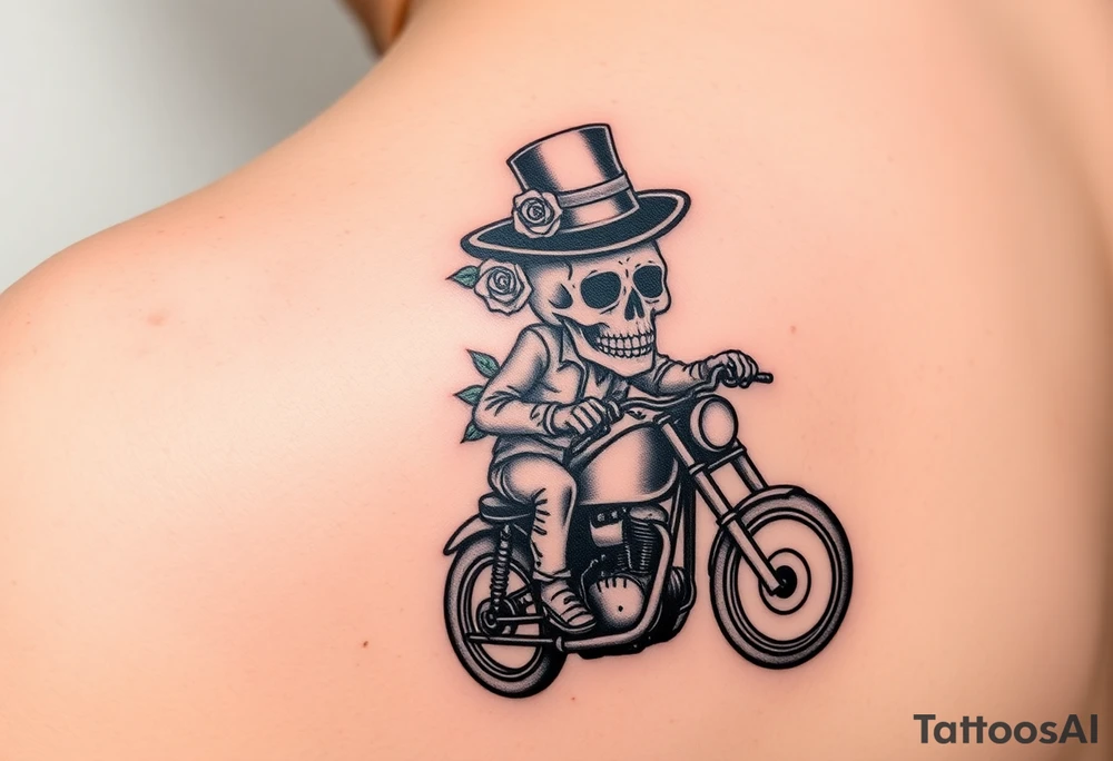 create an decorated "day of the dead skull" wearing a top hat with roses who is riding a retro motorcycle tattoo idea