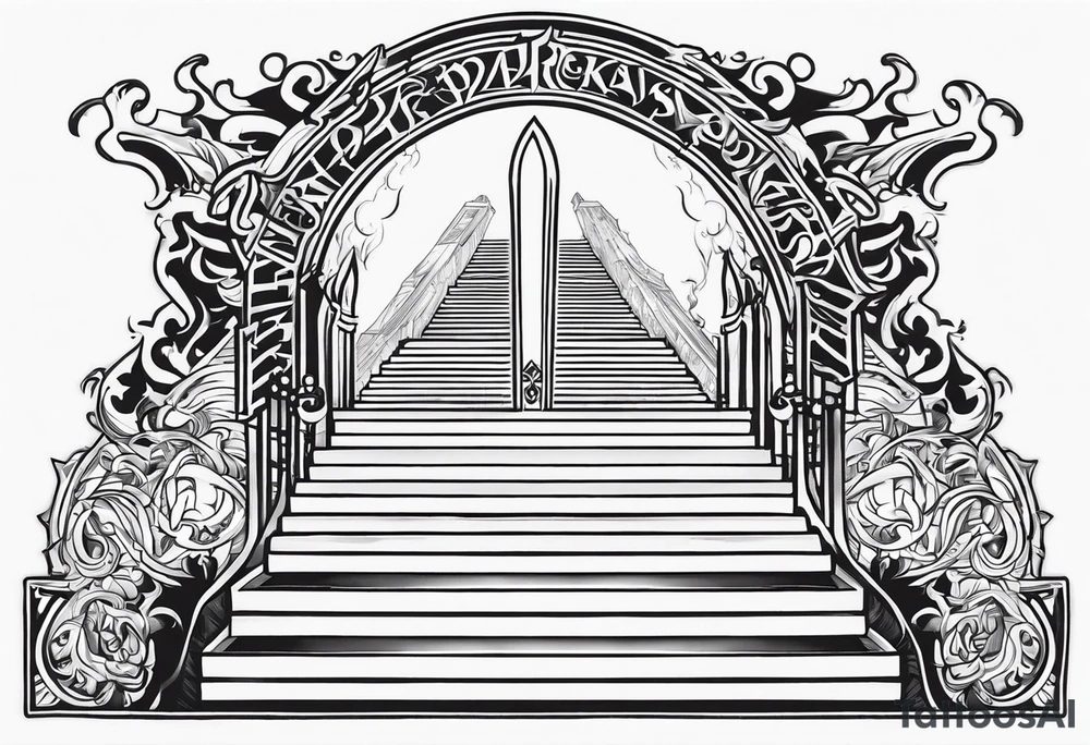 Valhalla mist fire sword shield stairs tattoo idea