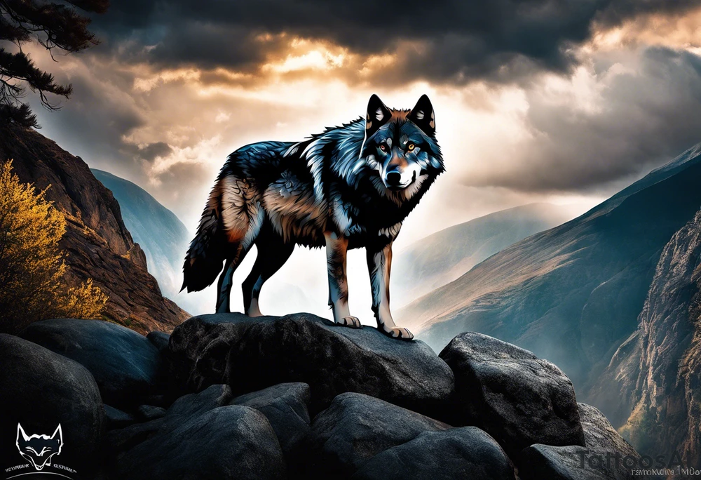 tattoo of a lone wolf navigating through a rugged landscape, with each obstacle representing a life battle – rocky terrain symbolizing challenges, storm clouds signifying hardships, and wild rivers representing struggles. The wolf is depicted with piercing eyes and a determined expression, embodying resilience and strength as it forges ahead. In the background, a subtle glow of sunlight breaks through the clouds, symbolizing hope and perseverance. Alongside the wolf, the phrase "Endure and Conquer" is inscribed in bold, minimalist lettering, encapsulating the theme of overcoming adversity with resilience and determination. tattoo idea